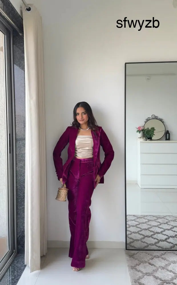 Wine Empress 3 Piece Velvet Blazer Set for Women – Premium Velvet Co-ord | Party & Festive Suit Set - Clothing