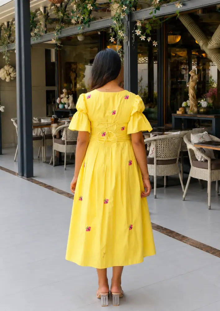 Yellow Butterfly Box Pleated Midi Dress - Clothing