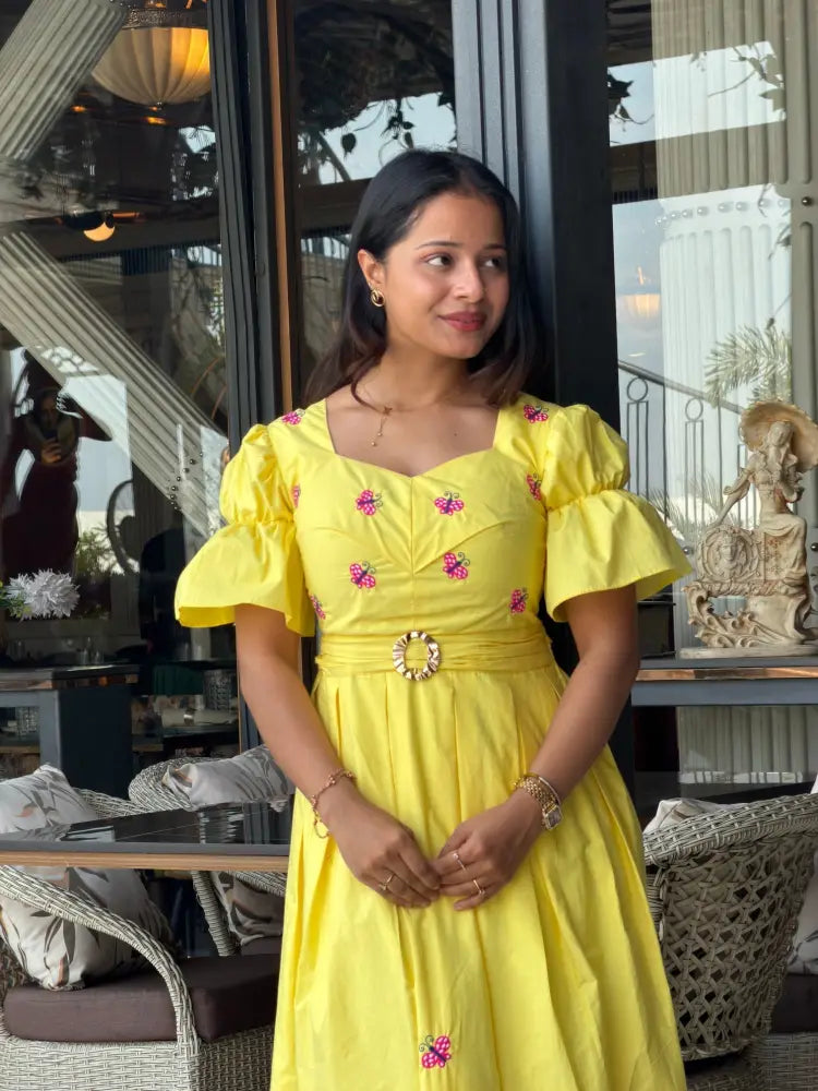 Yellow Butterfly Box Pleated Midi Dress - Clothing
