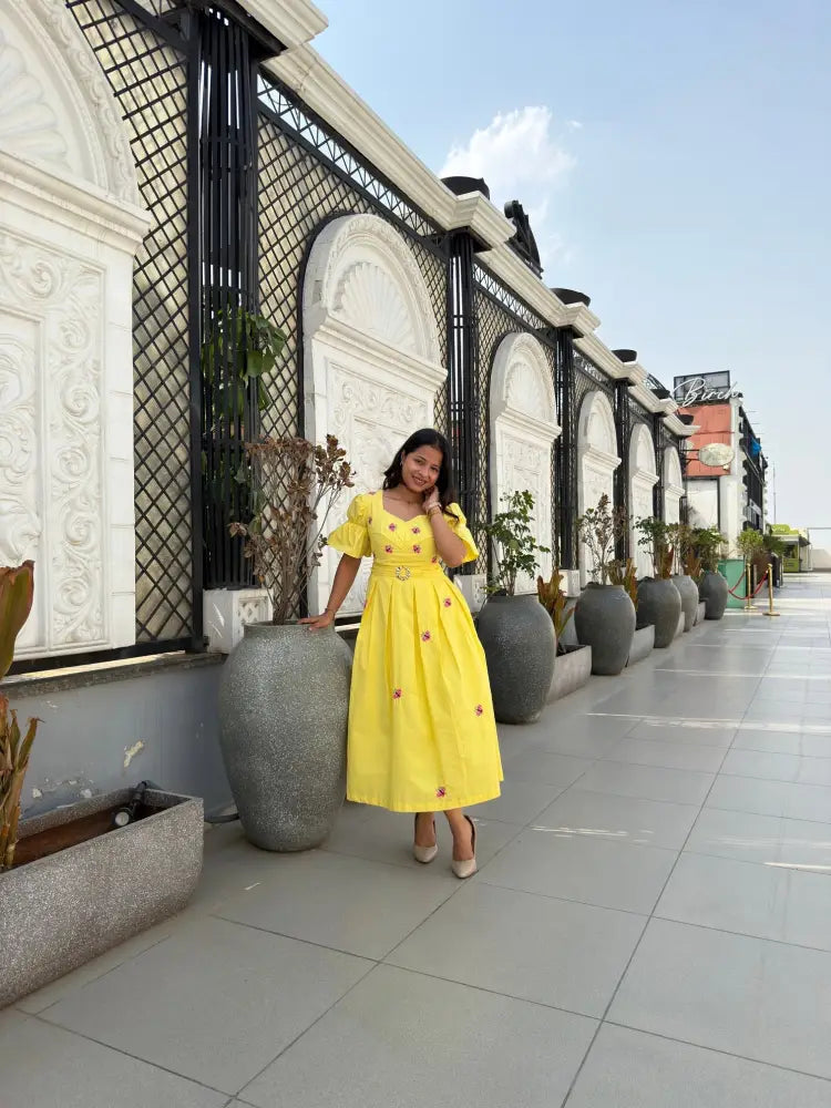 Yellow Butterfly Box Pleated Midi Dress - Clothing