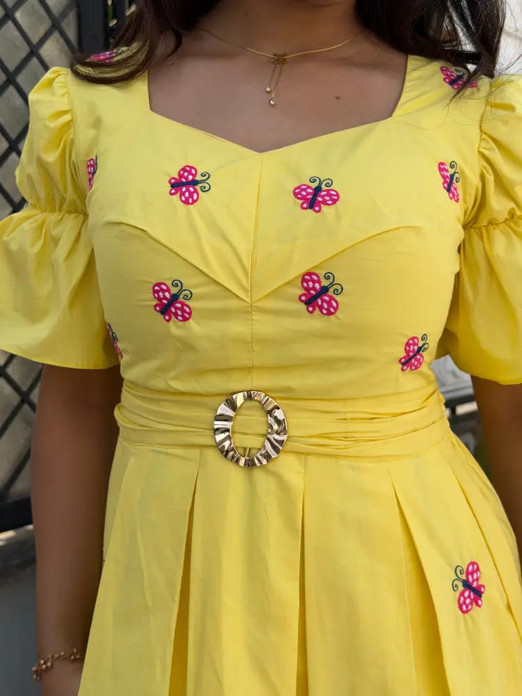 Yellow Butterfly Box Pleated Midi Dress - Clothing