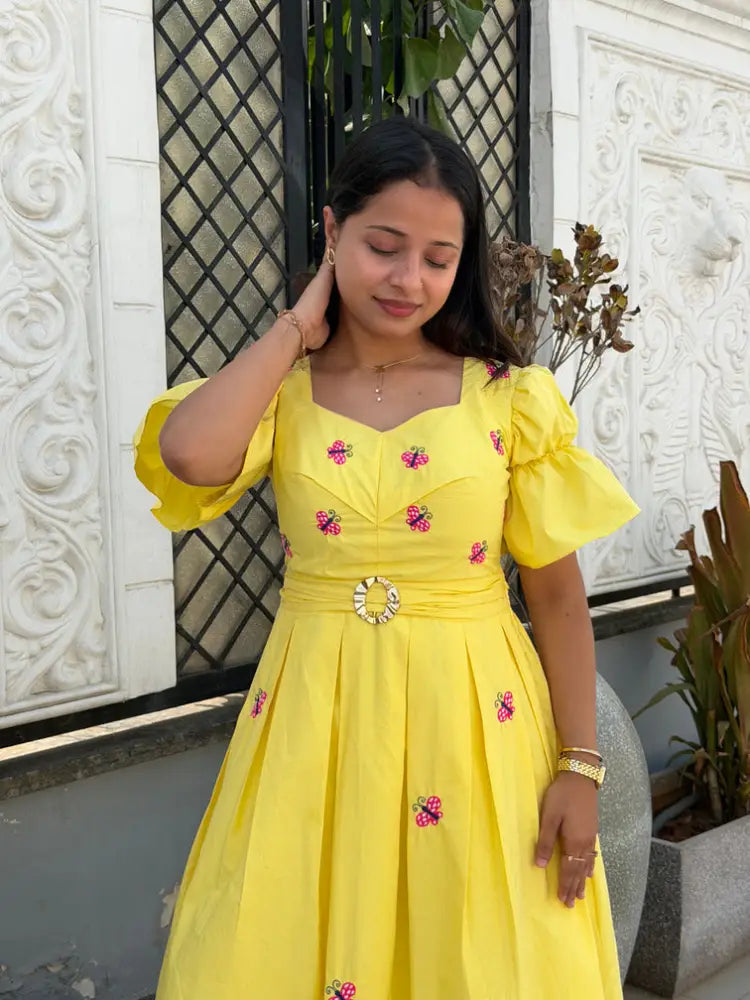 Yellow Butterfly Box Pleated Midi Dress - Clothing