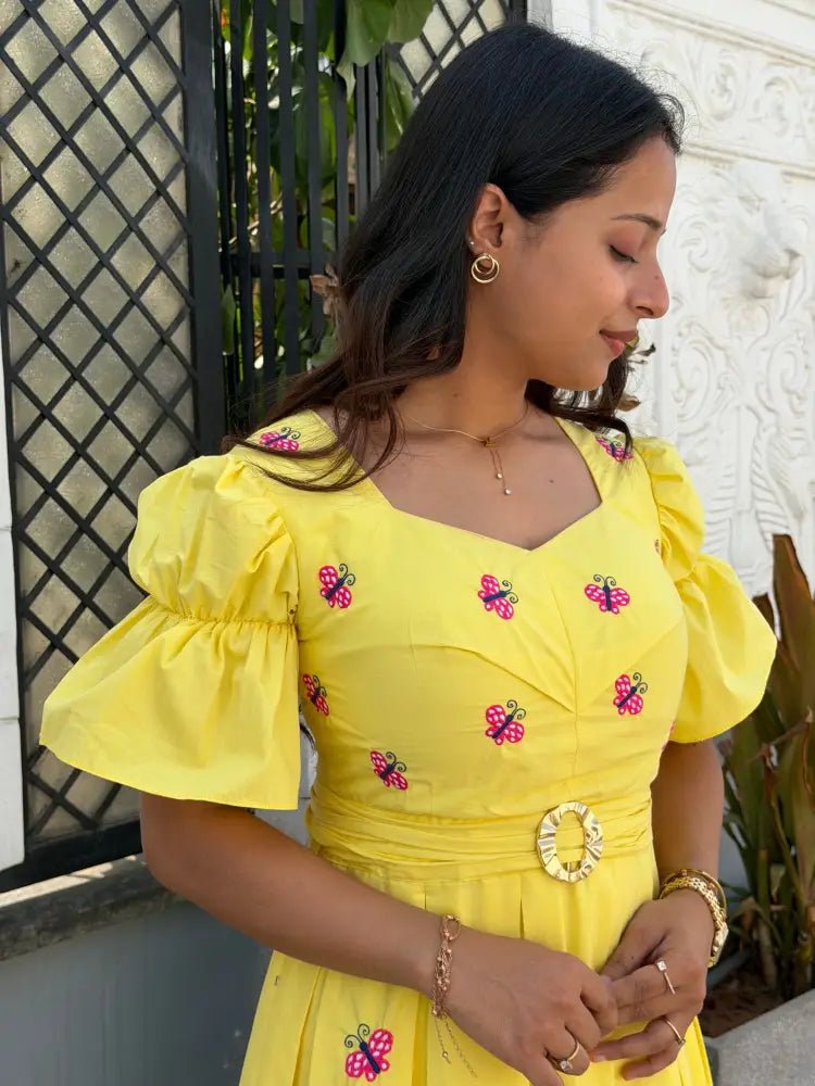 Yellow Butterfly Box Pleated Midi Dress - Clothing